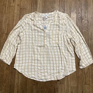 Market And Spruce 3/4 Sleeve Flowy Beige Checked Blouse Top Size XL NWT